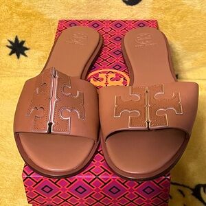 Tory Burch Double-T Leather Sport Slide Sandal Flat Aged Camilo Tan Women 10 !